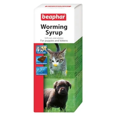Image of Beaphar Worming Syrup for Puppies &amp; Kittens Treats Roundworms Ideal Treating Litters UK Authorised Veterinary Medicine Pet Friendly Chocolate Flavoured 45 ml