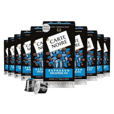 Image of Carte Noire, Espresso Décaféiné, Nespresso Compatible Aluminium Capsules, 10 Packs of Decaffeinated Coffee Pods, 100% Arabica, Cereals and Caramel Notes, Intensity 5/10