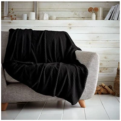 Image of Luxury Fleece Throw Blankets, Warm &amp; Cosy Waffle Throws For Sofas, Fluffy Blanket Bed, Black, 150X200 Cm