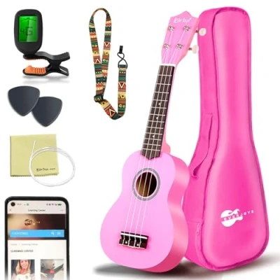 Image of Everjoys Soprano Ukulele Beginner Kit 21 Inch Ukelele w/How to play Songbook Carrying bag Digital Tuner All in One Set (Pink)