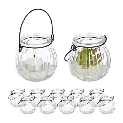 Image of Relaxdays Candle Lanterns, Set of 12, Round Glass, with Handle, Tealight Holders, 7.5 x 8 cm, Indoors &amp; Outdoors, Clear