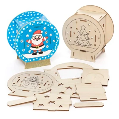 Image of Baker Ross FC264 Snow Globe House Wooden Model Kit Pack of 3, Tealight Holder to Decorate and Display, Crafts for Children, Ideal Christmas Arts Project