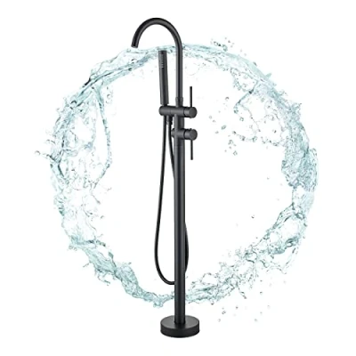 Image of Rozin Bathtub Tap 360Swivel Spout with 2 Functions ABS Hand Shower Two Handles Oil Rubbed Bronze Black Floor Mounted Brass Bath