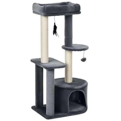 Image of PawHut 100cm Cat Tree for Indoor Cats, Tower Condo Kittens with House Sisal Scratching Posts, Hanging Ball Toys, Perches Grey