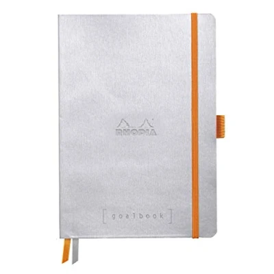 Image of RHODIA 117570C Soft Notebook Bullet Journal Goalbook Silver A5 Dotted Dot 240 pages Clairefontaine White Paper 90g 2 Ribbons, Elastic Closure Faux Leather Cover