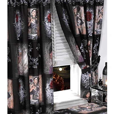 Image of Alchemy Gothic 66&quot; x 72&quot; Curtains The Story of Rose, Pencil Pleat Curtain Pair with Matching Tie Backs, Mask Red, Black, Purple, White