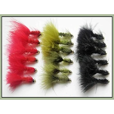 Image of Woolly Bugger Trout Flies, 18 Pack, Red, Black &amp; Olive, Mixed Size 8/10, Fishing