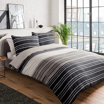 Image of Sleepdown Textured Stripe Brown Easy Care Soft Cosy Reversible Duvet Cover Quilt Bedding Set 200cm x + 2 Pillowcases 80cm