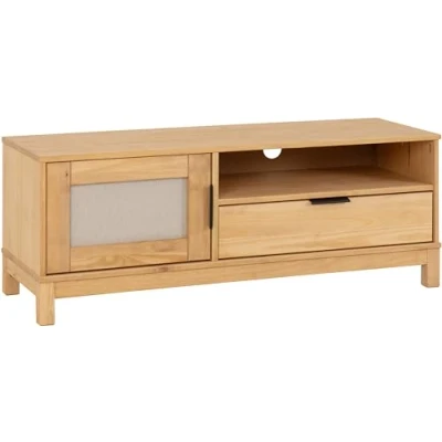 Image of Seconique TV Unit, Engineered Wood, Distressed Wax Pine/Rattan Effect, W 1200mm x D 400mm H 455mm