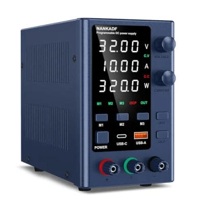 Image of DC Power Supply 0 32V 10A, Lab Variable with Memory Storage, Bench Encoder Adjustment &amp; USB A/Type C Fast Charging Interface