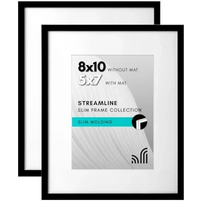 Image of Americanflat 8x10 Photo Frames in Black Set of 2 Use as Thin Border 7x5 with Mount or Without Horizontal and Vertical Formats for Wall Tabletop