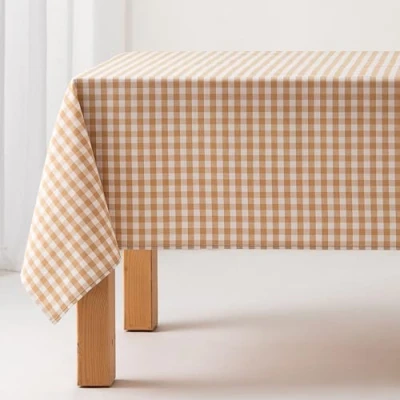 Image of Stain Resistant Gingham Tablecloth, Cotton, Fabric Touch, 140 x 300 cm, Beige