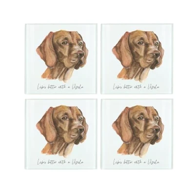 Image of Vizsla Coaster Set Life&#039;s Better With a Dog Gift Square Glass of Four (4) Coasters