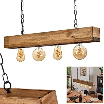Image of Pendant Light Berat, Elongated Hanging lamp Made of Metal/Wood in Black/Dark Brown, Modern with Wooden Beam, 4 Flame, x E27, Without Bulbs