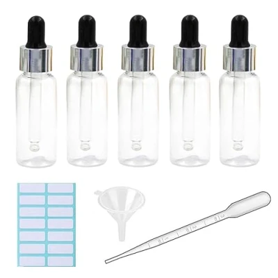 Image of 5Pcs Transparent Dropper Bottle 50ML Plastic Eye Bottles for Essential Oil Pipette Refillable with Measured Pipette, Funnel and Labels (Black + Silver Cap)