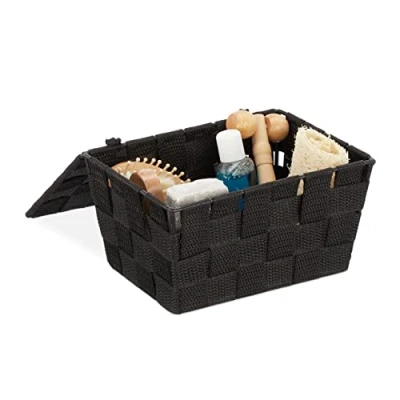 Image of Relaxdays Lidded Storage Basket with Lid, Bathroom Storage, PP, HxWxD: 10.5 x 19.5 14.5 cm, Black