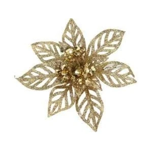 Image of Gisela Graham set of two Gold Glitter Acrylic Poinsettias On Clips christmas decorations