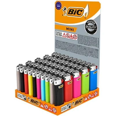 Image of BIC J25 Long Lasting Mini Lighters that lasts for up to 1,450 lights, Assorted Colour, Flint, Tray of 50