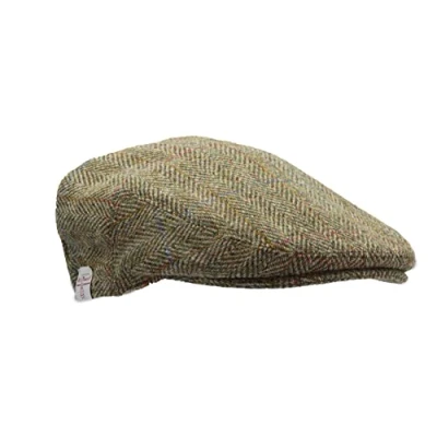 Image of WALKER AND HAWKES Men&#039;s Grey Brown 100% Scottish Harris Tweed Oakmoor Flat Cap Moss Green Large (59cm)