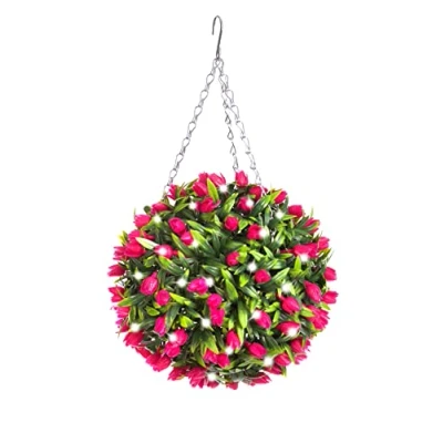 Image of Best Artificial 28cm Pre Lit Tulip Topiary Ball with 30 Bright White LED Waterproof Battery Lights (Pink)