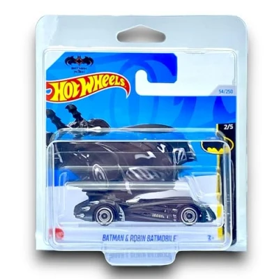 Image of Hot Wheels Batman &amp; Robin Batmobile (Black Chrome) 2/5 2024 54/250 (Short Card) Comes in a KLAS Car Keeper Protector Case HRY54