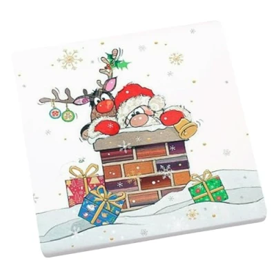 Image of Christmas Coaster, Heatproof and Cork Backed Single Ceramic Statement Kitchenware for the Home, by Bug Art (Santa on Roof 1389)