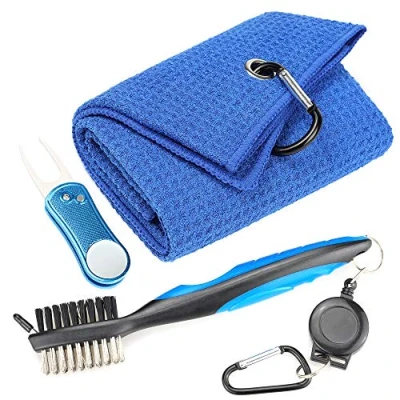 Image of Mile High Life Microfiber Waffle Pattern Golf Towel Club Groove Cleaner Brush Foldable Divot Tool with Magnetic Ball Marker (Blue Towel/Brush/Bone Divot)