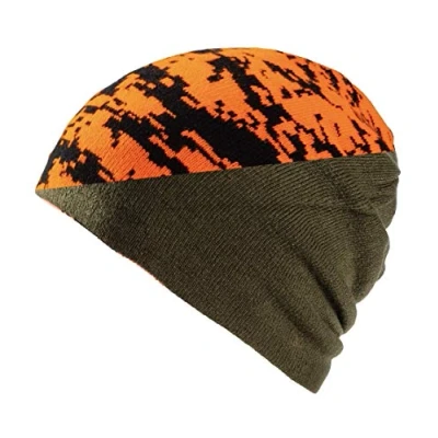 Image of K &amp; S Reversible Hunting Hat Orange Signal Camo / Olive Green Visibility Push Beanie Hat, Green, One Size