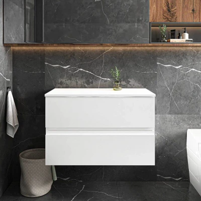 Image of Hudson Reed URB106W Urban Modern Bathroom Wall Hung Vanity Basin Cabinet Unit with 2 Soft Close Drawers and Worktop, 800mm, Satin White