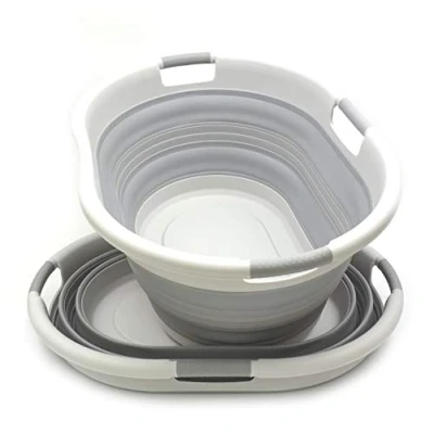 Image of SAMMART Set of 2 57L Collapsible 3 Handled Plastic Laundry Basket Oval Tub/Basket Foldable Storage Container/Organizer Portable Washing Tub Space Saving Hamper (Grey/Grey)