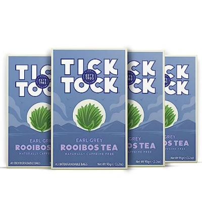 Image of Tick Tock Earl Grey Rooibos Tea Caffeine Free Pack of 4 x 40 Bags (160 Teabags) Naturally Sweet Herbal Biodegradable UK Redbush for Wellbeing and Relaxation