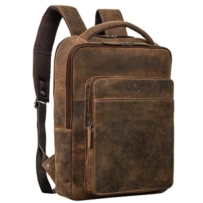 Image of STILORD &#039;Nicky&#039; Laptop Backpack 13 Inch Leather Large Womens Mens Rucksack Vintage Backpacks Business Hand Luggage Travel School College Bag, Colour:Bergamo Brown