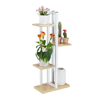 Image of Relaxdays White Metal Flower Stand, 4 Tier Indoor Pot Shelf, Wooden Look, 93 x 42.5 22.5 cm, Plant Rack, Light Brown, Steel