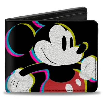 Image of Buckle Down Men&#039;s Disney Wallet, Bifold, CMYK Mickey Mouse Walking Pose Pixel Text Black Multi Neon, Vegan Leather, Multicolor, Standard Size, Default Size