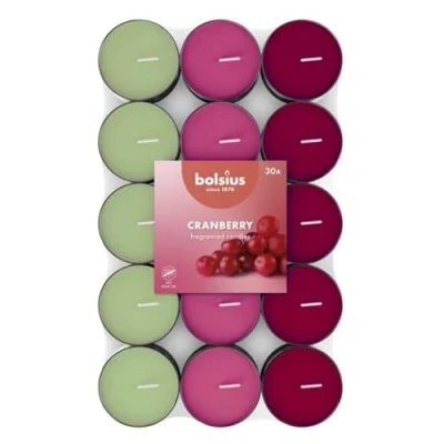 Image of Bolsius 30 Scented tealights Cranberry Burning time of 3.5 Hours Diameter 38 mm Natural extracts Contains Vegan Wax No Palm Oil