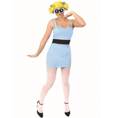 Image of Ladies Powerpuff Girl Bubbles Costume X Small Blue Dress with Black Stripe, Wig, Glasses, White Tights Adults Cartoon TV Show Fancy