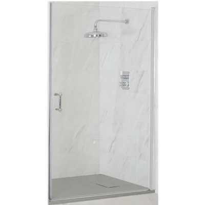 Image of Langley Traditional Chrome Wet Room Walk In Hinged Door Frameless Shower Enclosure with Light Grey Slate Effect Tray and Fast Flow Waste 900mm x