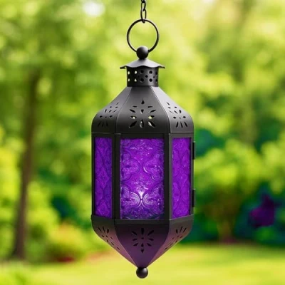 Image of Purple Glass Hanging Moroccan Candle Lantern with Chain