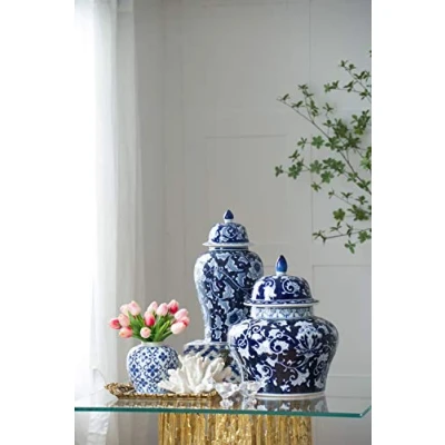 Image of NEFSO Porcelain Decorative Jar with Lid Blue White Floral Print Vase Ginger Ceramic Covered Vase, China Ming Style, Jingdezhen Chinese (L1)