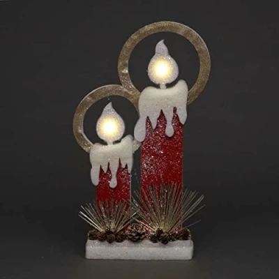 Image of SHATCHI 31Cm Christmas Pre Lit Twin Candles Battery Operated Glitter Foam Snow Covered Finish Table Decoration Red