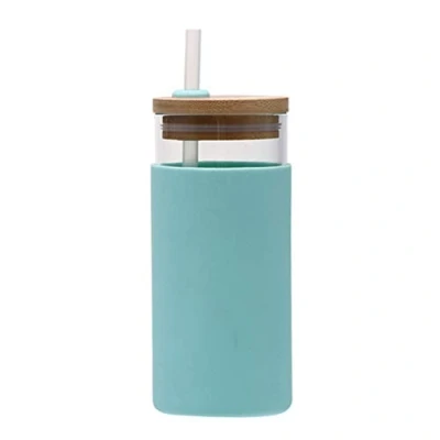 Image of WBTY Straw Cup,500ml Creative Transparent Glass Cup with Wooden Lid Water Bottle, Leakproof Bottle for Children Adult, Blue