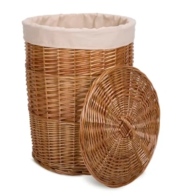 Image of Natural Finish Round Laundry Wicker Basket Cotton Liner with Lid Bathroom Storage (Brown, Large)