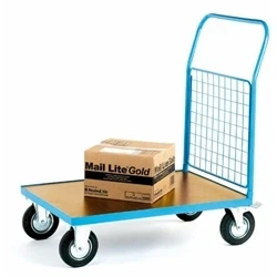 Image of Single Mesh End Platform Truck; Fixed/Swivel Castors Steel Blue/Veneer