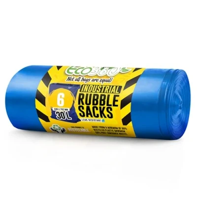 Image of EcoBag 6 Pack Blue Rubble Bags 30L 80 Microns Recyclable Heavy Duty Bin Bags, Leak Resistant Sacks, Eco Friendly Garden Liners for Garden, Builders, Kitchen &amp; DIY (500x762mm)