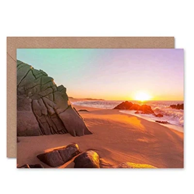 Image of Wee Blue Coo BEACH SUNSET ROCKS SAND PHOTO BLANK GREETINGS BIRTHDAY CARD ART