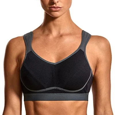 Image of SYROKAN Women&#039;s Comfort Sports Bra High Impact for Large Breasts Wireless Stretch Support Bounce Control Black/Grey 2 36B