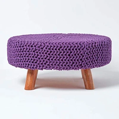Image of HOMESCAPES Purple Knitted Pouffe Footstool Occasional Seat 100% Cotton for Living Room Children or the Elderly