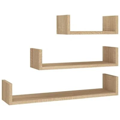 Image of vidaXL Wall Display Shelves Set of 3 in Sonoma Oak Engineered Wood U Shaped Design for Home or Office.decoration