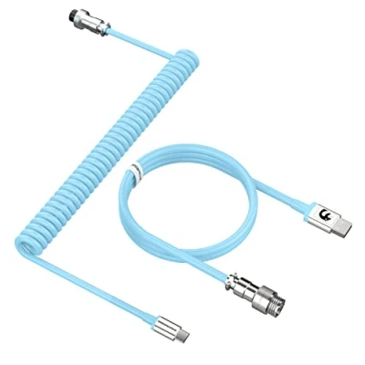 Image of MAMBASNAKE C01 Coiled Keyboard Cable, Pro Custom USB C Aviator Cable for Mechanical Keyboard, Type to A, TPU Spring with Detachable Metal Aviation Connector PC Gaming Blue