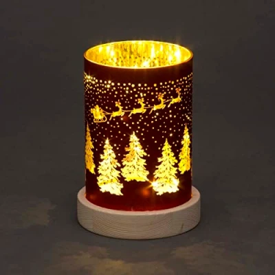 Image of SHATCHI 16cm Christmas Decorated Vase Table Lamp Etched Glass Tube Santa Sleigh Scene Red Cylinder LED Fairy Lights Battery Operated